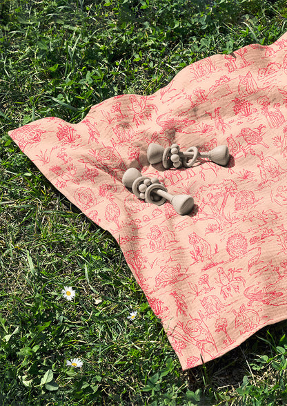 Baby Swaddle with Australian animal surface pattern – fine liner ink drawings of wombats, kangaroos, emus, and bush creatures. Playful Australiana outdoor textile design.