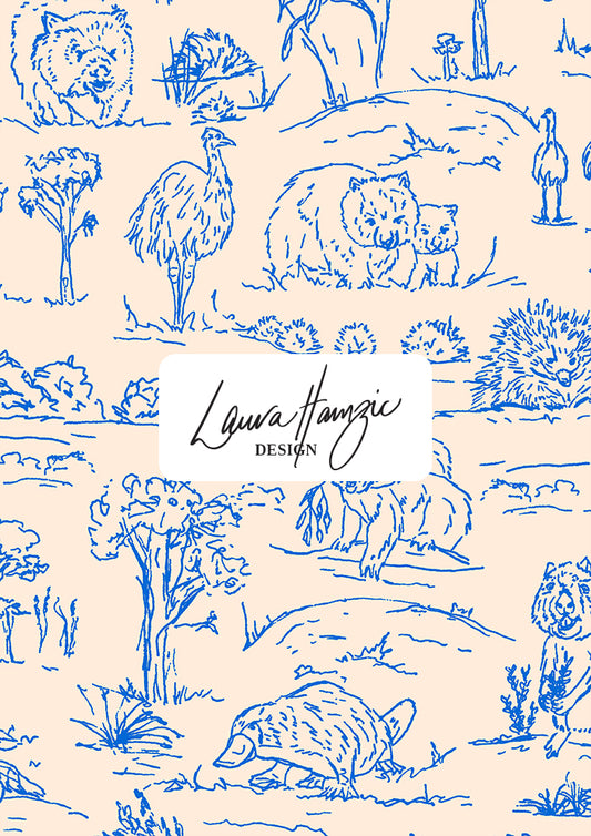 Australian animal surface pattern – finely sketched in ink with wombats, kangaroos, emus, and bush creatures. Storybook-style Australiana design full of charm and character, perfect for wallpaper, kids’ clothing, pyjamas, and statement prints.