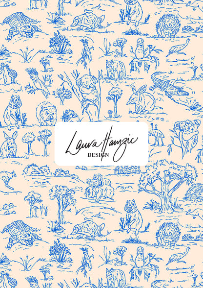 Australian animal surface pattern – finely sketched in ink with wombats, kangaroos, emus, and bush creatures. Storybook-style Australiana design full of charm and character, perfect for wallpaper, kids’ clothing, pyjamas, and statement prints.