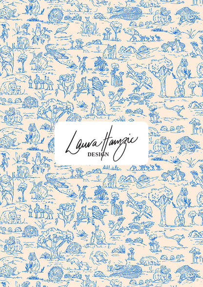 Australian animal surface pattern – finely sketched in ink with wombats, kangaroos, emus, and bush creatures. Storybook-style Australiana design full of charm and character, perfect for wallpaper, kids’ clothing, pyjamas, and statement prints.