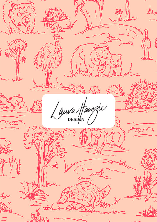 Australian animal surface pattern – finely sketched in ink with wombats, kangaroos, emus, and bush creatures. Storybook-style Australiana design full of charm and character, perfect for wallpaper, kids’ clothing, pyjamas, and statement prints.