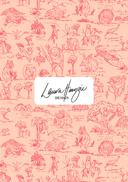 Australian animal surface pattern – finely sketched in ink with wombats, kangaroos, emus, and bush creatures. Storybook-style Australiana design full of charm and character, perfect for wallpaper, kids’ clothing, pyjamas, and statement prints.