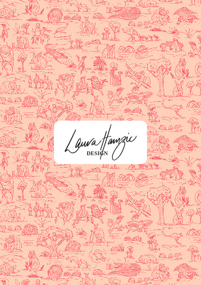 Australian animal surface pattern – finely sketched in ink with wombats, kangaroos, emus, and bush creatures. Storybook-style Australiana design full of charm and character, perfect for wallpaper, kids’ clothing, pyjamas, and statement prints.