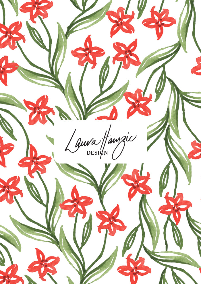 Floral pattern with red flowers and green leaves on a white background, by Australian surface pattern artist.