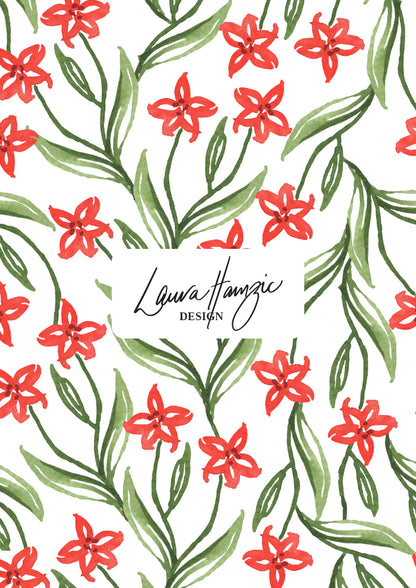 Floral pattern with red flowers and green leaves on a white background, by Australian surface pattern artist.