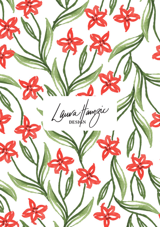 Floral pattern with red flowers and green leaves on a white background, by Australian surface pattern artist.