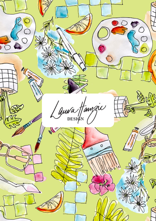 Painter’s Playground pattern for textile design large scale showing playful artist studio objects in a loose hand-painted style