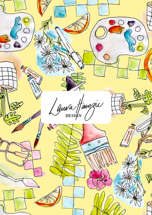 Painter’s Playground pattern large scale showing playful artist studio objects in a loose hand-painted style