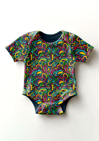 Rainbow Paisley Days pattern on navy, baby onesie mockup. Pattern design by Laura Hamzic, Australian Artist.
