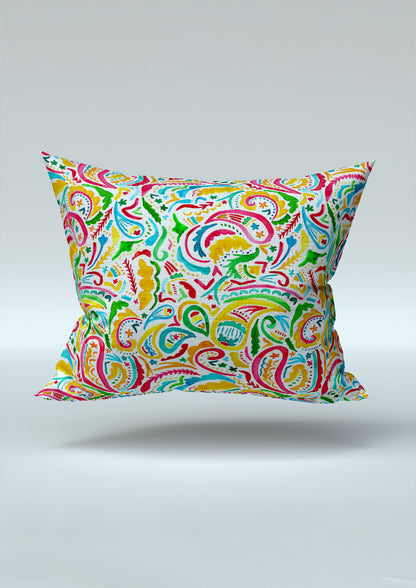 Rainbow Paisley Days pattern on white, cushion mockup. Pattern design by Laura Hamzic, Australian Artist.