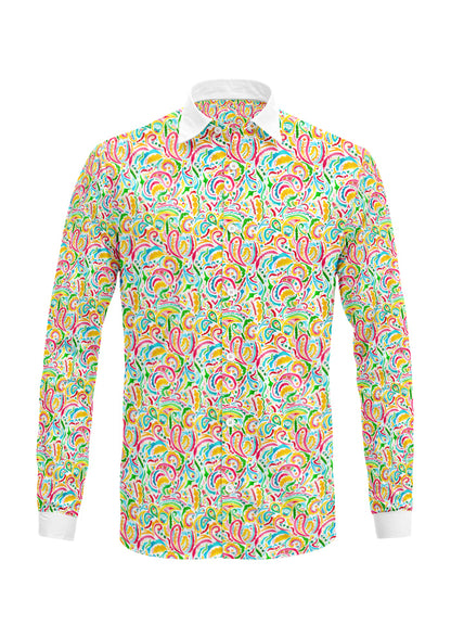 Rainbow Paisley Days pattern on white, men's long-sleeve shirt mockup. Pattern design by Laura Hamzic, Australian Artist.