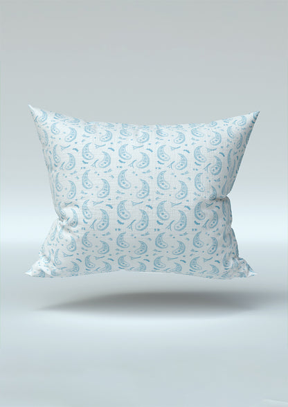 Pale blue Paisley Parade pattern on cushion mockup. Pattern design by Laura Hamzic, Australian Artist.