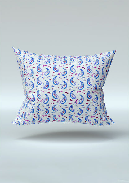 Pink and purple Paisley Parade pattern on cushion mockup. Pattern design by Laura Hamzic, Australian Artist.