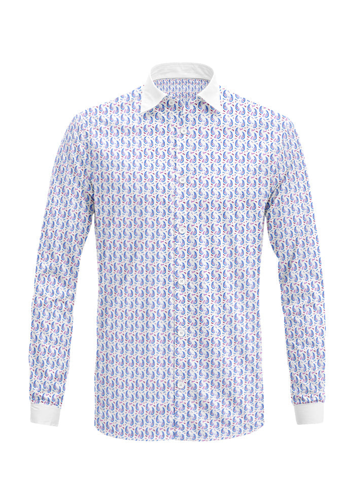 Pink and purple Paisley Parade pattern on men's long-sleeve shirt mockup. Pattern design by Laura Hamzic, Australian Artist.