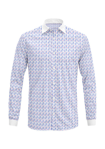 Pink and purple Paisley Parade pattern on men's long-sleeve shirt mockup. Pattern design by Laura Hamzic, Australian Artist.