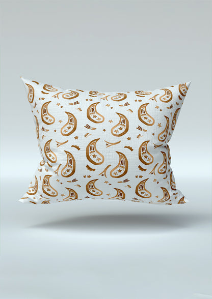 Tan Paisley Parade pattern on cushion mockup. Pattern design by Laura Hamzic, Australian Artist.