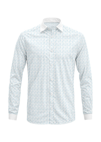 Pale blue Paisley Parade pattern on men's long-sleeve shirt mockup. Pattern design by Laura Hamzic, Australian Artist.