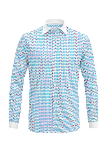 Pink and blue Paisley Whirl pattern on men's long-sleeve shirt mockup. Pattern design by Laura Hamzic, Australian Artist.