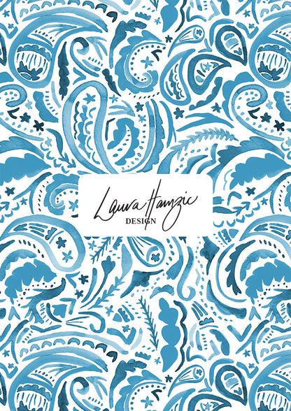 Denim Paisley Blues watercolour pattern, large scale, for textiles. Pattern design by Laura Hamzic, Australian Artist.