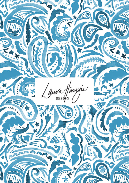 Denim Paisley Blues watercolour pattern, large scale, for textiles. Pattern design by Laura Hamzic, Australian Artist.