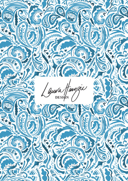 Denim Paisley Blues watercolour pattern, medium scale, for decor. Pattern design by Laura Hamzic, Australian Artist.
