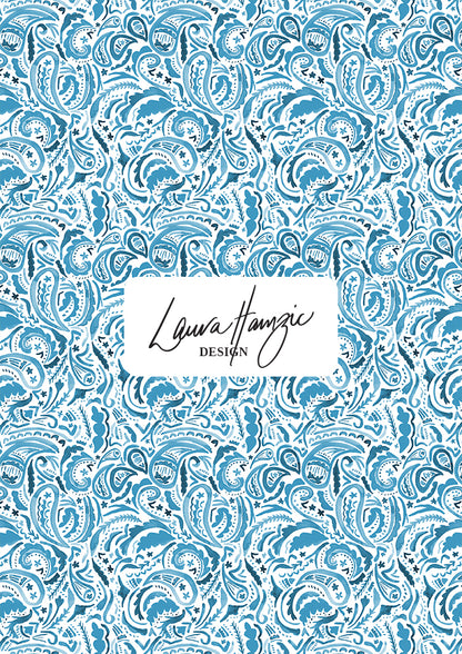 Denim Paisley Blues watercolour pattern, small scale, for fabrics. Pattern design by Laura Hamzic, Australian Artist.