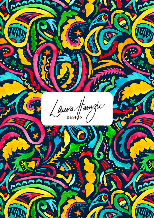 Rainbow Paisley Days watercolour pattern on navy, large scale, for textiles. Pattern design by Laura Hamzic, Australian Artist.