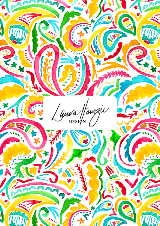 Rainbow Paisley Days watercolour pattern on white, large scale, for textiles. Pattern design by Laura Hamzic, Australian Artist.