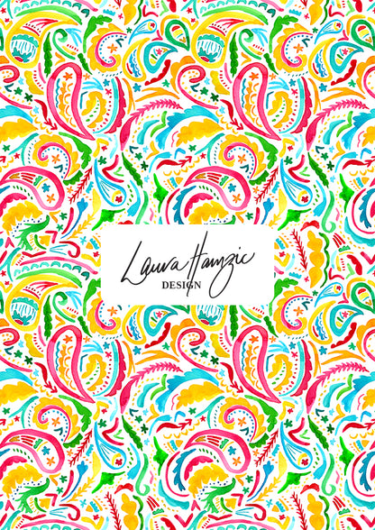 Rainbow Paisley Days watercolour pattern on white, medium scale, for decor. Pattern design by Laura Hamzic, Australian Artist.