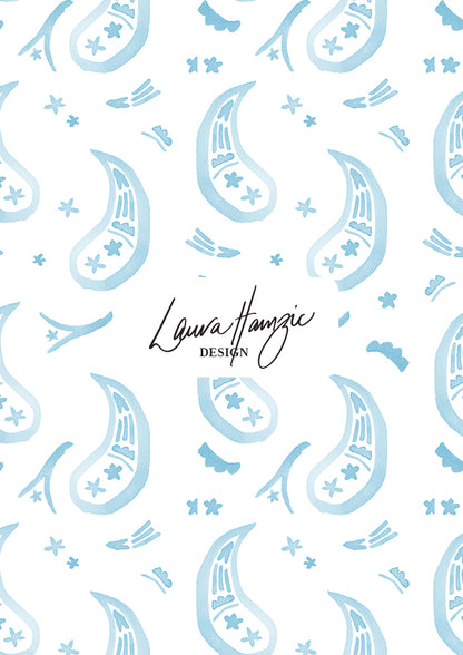 Pale blue Paisley Parade watercolour pattern, large scale, for textiles. Pattern design by Laura Hamzic, Australian Artist.