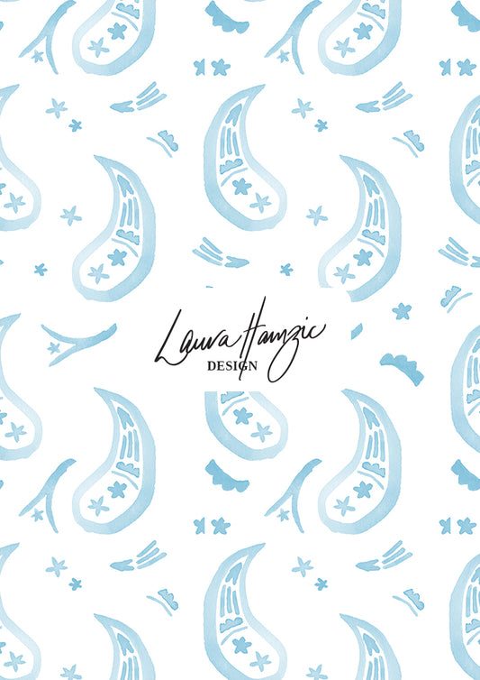 Pale blue Paisley Parade watercolour pattern, large scale, for textiles. Pattern design by Laura Hamzic, Australian Artist.