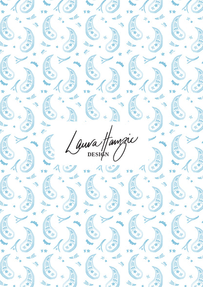 Pale blue Paisley Parade watercolour pattern, medium scale, for decor. Pattern design by Laura Hamzic, Australian Artist.