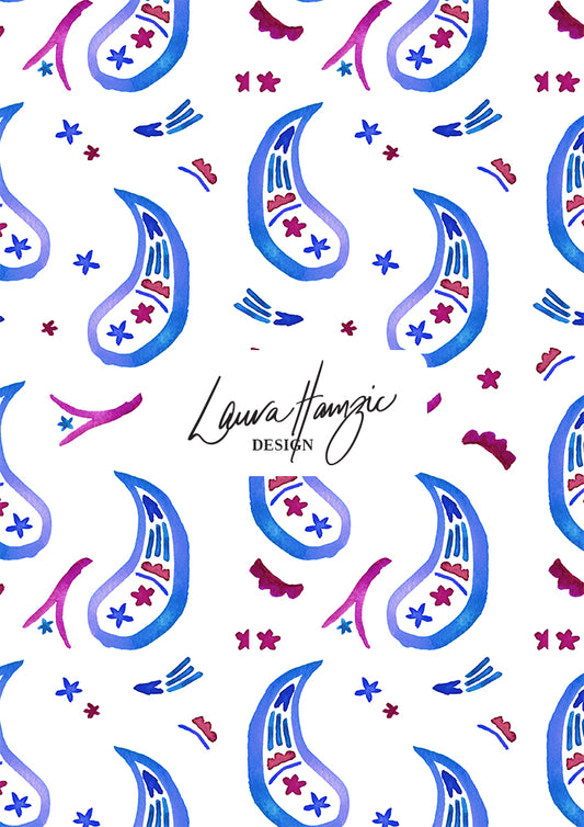 Pink and purple Paisley Parade watercolour pattern, large scale, for textiles. Pattern design by Laura Hamzic, Australian Artist.