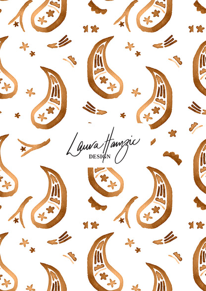 Tan Paisley Parade watercolour pattern, large scale, for textiles. Pattern design by Laura Hamzic, Australian Artist.