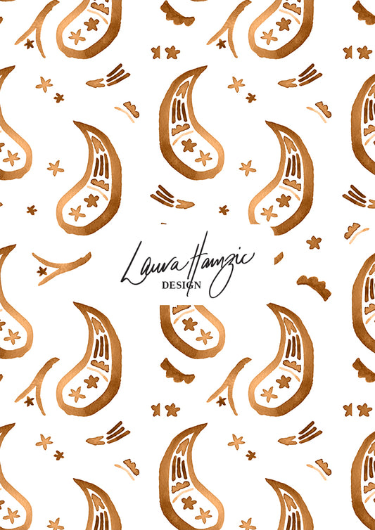 Tan Paisley Parade watercolour pattern, large scale, for textiles. Pattern design by Laura Hamzic, Australian Artist.