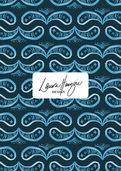Denim Paisley Whirl watercolour pattern on navy, large scale, for textiles. Pattern design by Laura Hamzic, Australian Artist.
