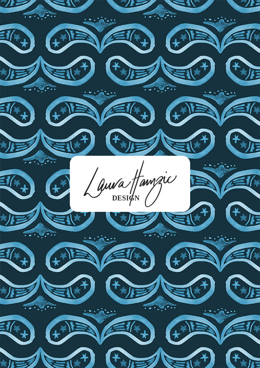 Denim Paisley Whirl watercolour pattern on navy, large scale, for textiles. Pattern design by Laura Hamzic, Australian Artist.