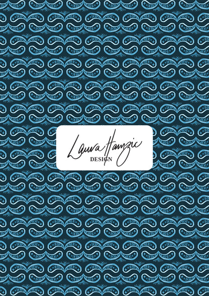 Denim Paisley Whirl watercolour pattern on navy, small scale, for fabrics. Pattern design by Laura Hamzic, Australian Artist.