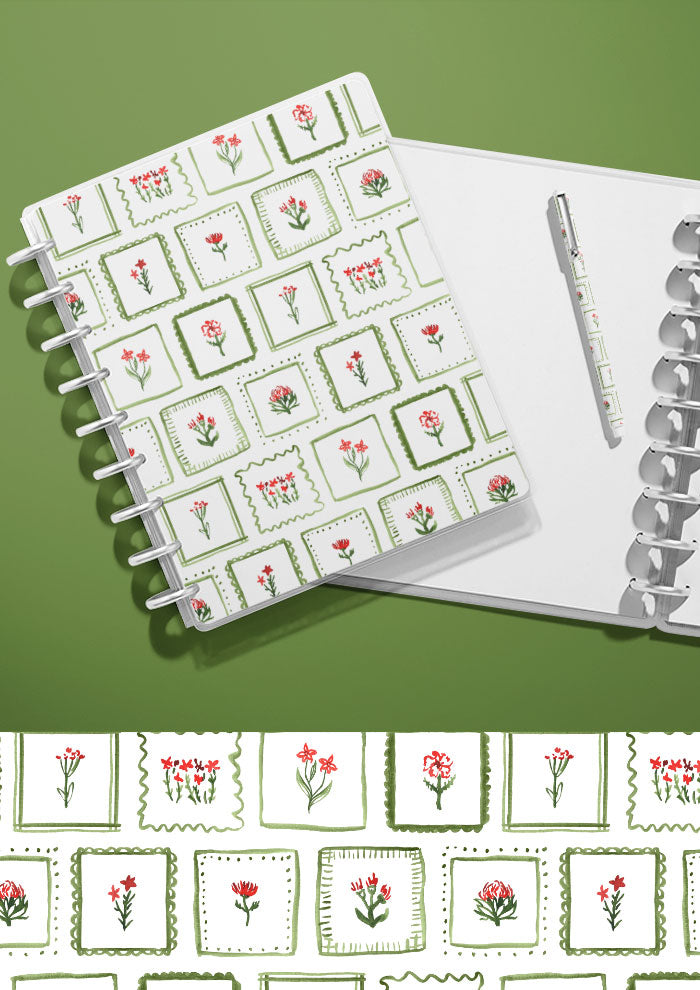 Watercolour botanical journal with lively framed floral print — unique Australian surface pattern design.