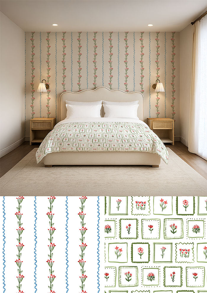 Watercolour floral and stripe pattern by Australian Artist and Surface Pattern Designer Laura Hamzic – Ribbons and Blooms wallpaper paired with Patchwork Garden bedding