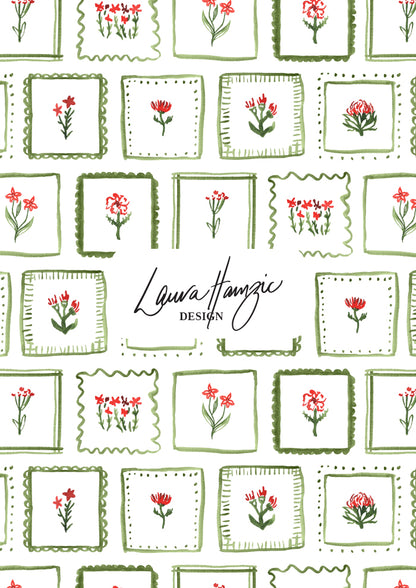 Patterned design with red flowers and green leaves on a white background, by Australian Surface Pattern Designer Laura Hamzic