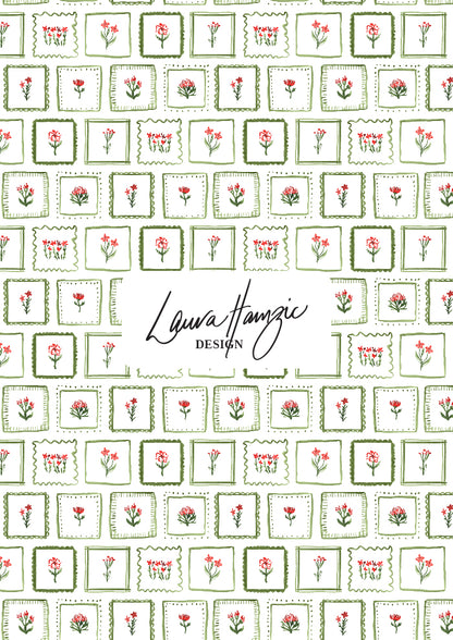 Patterned design with red flowers and green leaves on a white background, by Australian Surface Pattern Designer Laura Hamzic