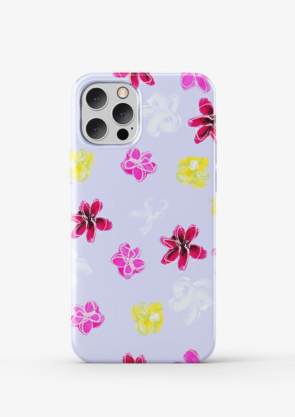 Laura Hamzic Australian artist's Petal Parade mocked up on a phone - fun florals scatter across a soft blue background