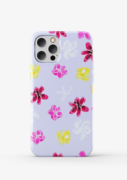 Laura Hamzic Australian artist's Petal Parade mocked up on a phone - fun florals scatter across a soft blue background