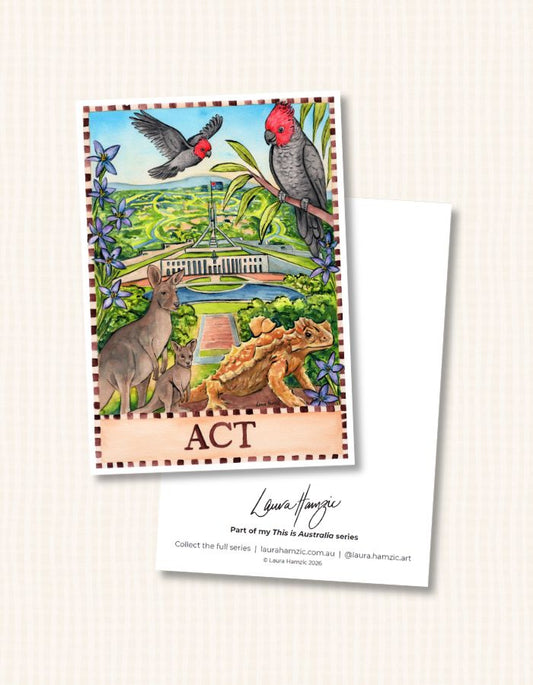 Canberra postcard featuring national landmarks in watercolour illustration