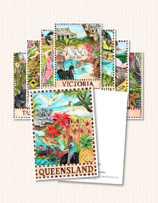 Australia postcard set featuring all states in hand-painted watercolour style perfect as a travel souvenir or gift