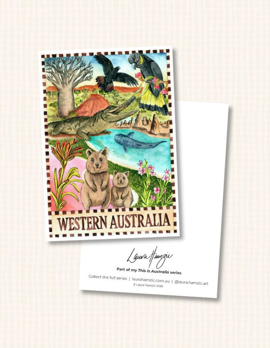Western Australia postcard featuring wildflowers and coastline in watercolour