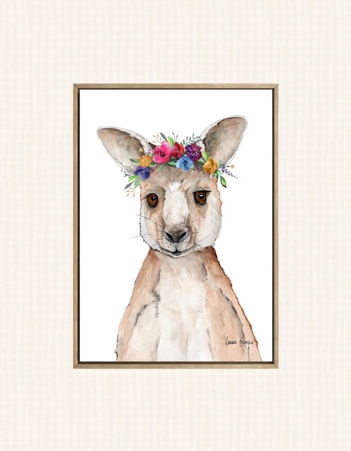 Watercolour art print of a Kangaroo with a beautiful wild flower crown - painted by Laura Hamzic