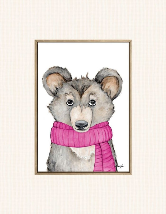Woodland Bear with pink scarf accessory captured in watercolour by Australian Artist Laura Hamzic
