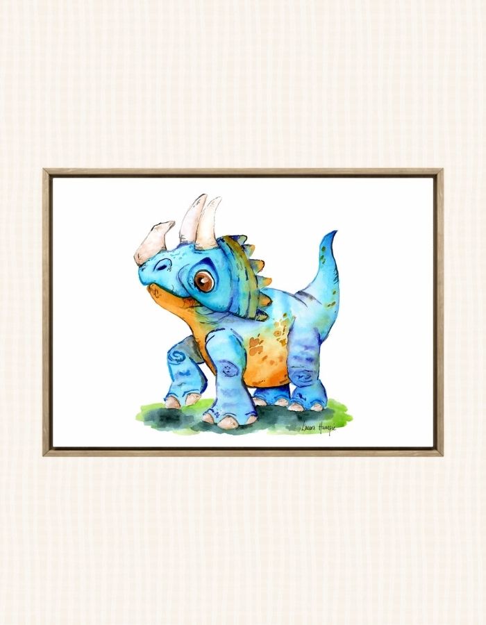 Watercolour art print of a fun vibrant Triceratops Dinosaur - painted by Laura Hamzic